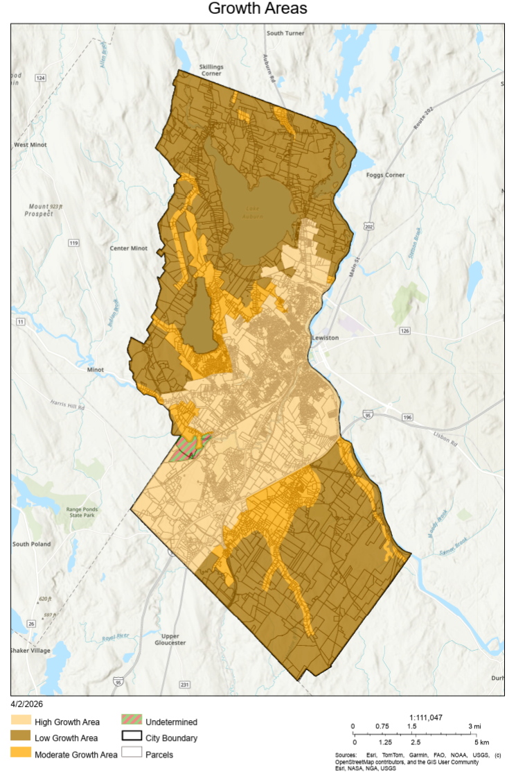 A map showing high, moderate, and low growth areas in Auburn. 