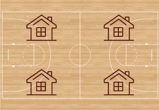 Image of a basketball court with four homes on it