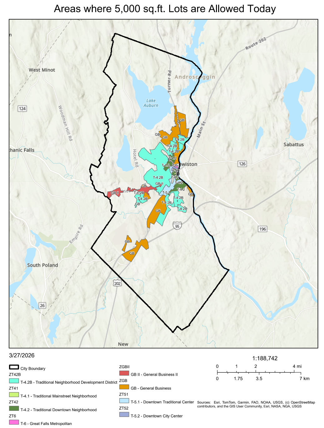 Map showing zoning districts that allow for the required density under LD1829. 