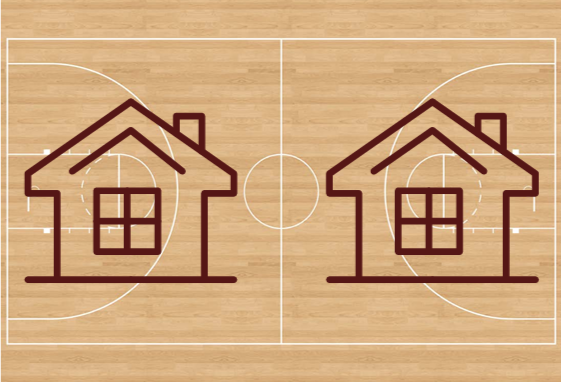 Image of a basketball court with two homes on it